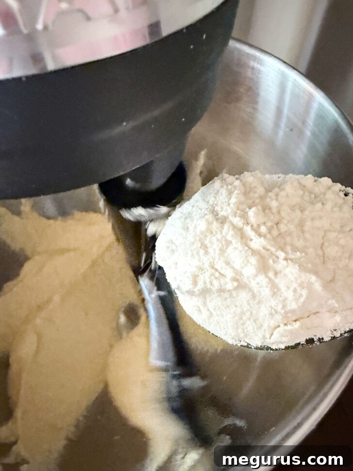 Adding the flour mixture to the batter.