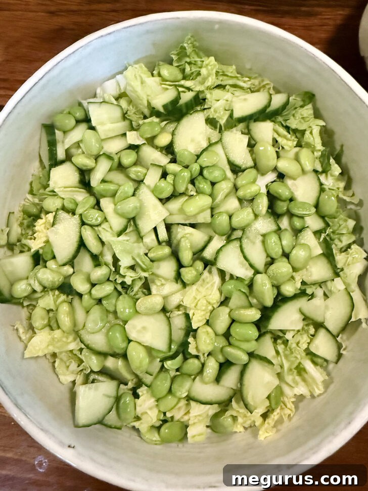Fresh romaine lettuce, sliced cucumber, and shelled edamame tossed in a large salad bowl.