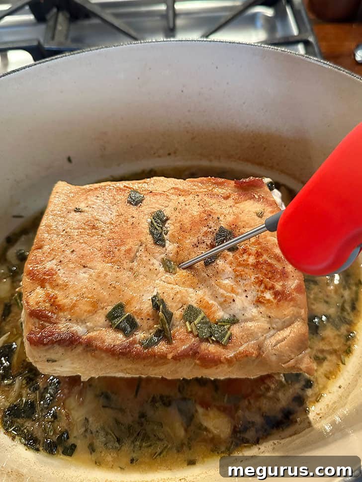 Checking the internal temperature of the pork loin with a meat thermometer while it cooks in the pan.