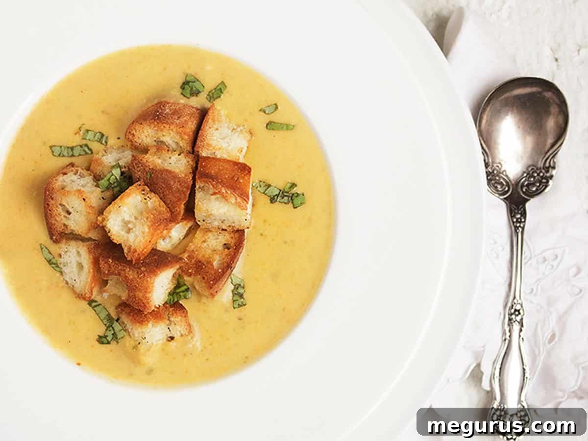 Creamy vegetable soup served with golden crispy croutons
