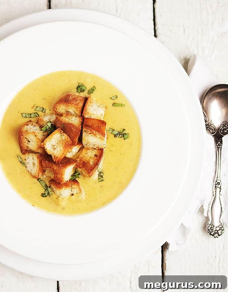 Closeup of creamy vegetable soup in a white bowl with fresh parsley and homemade croutons