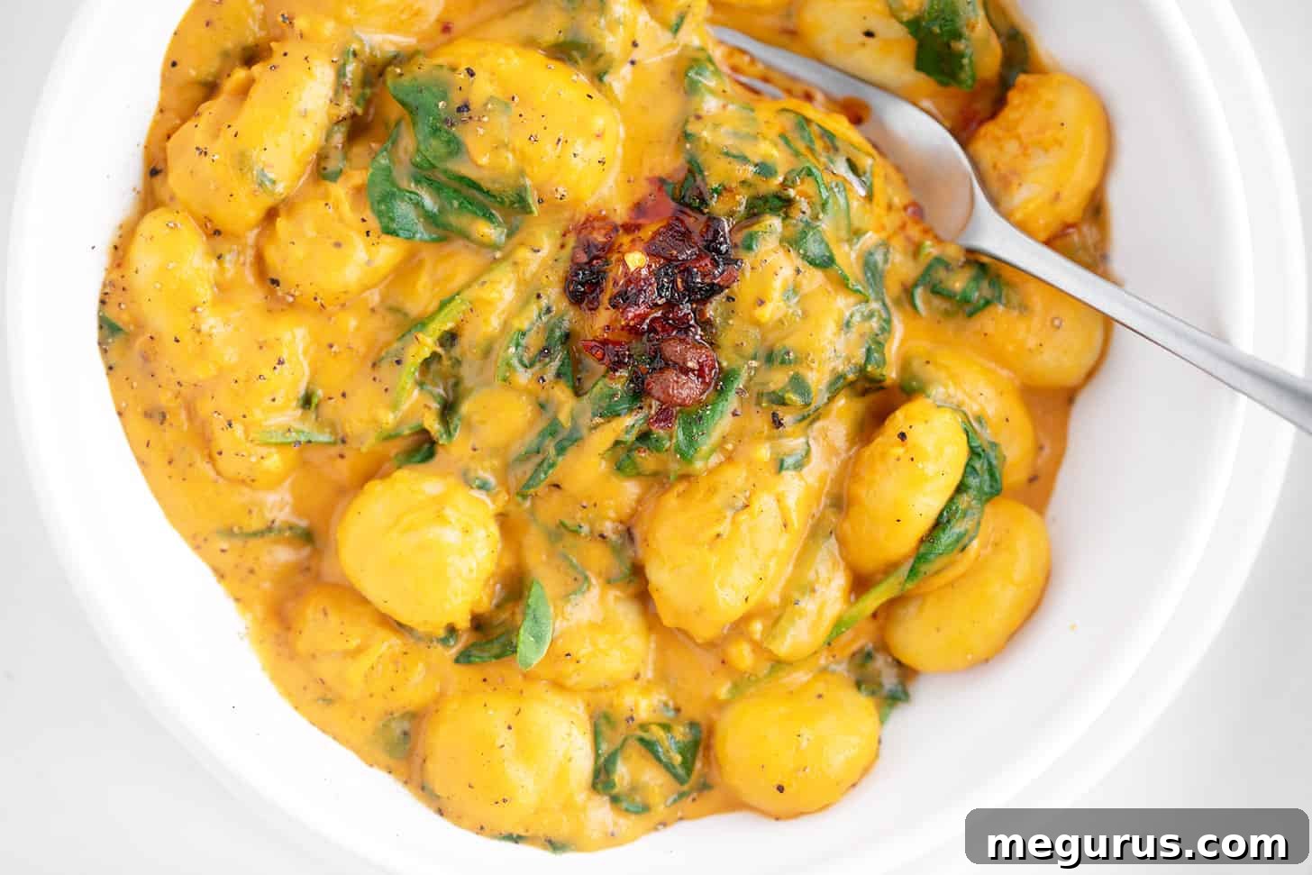 Gnocchi with butternut squash sauce in bowl.