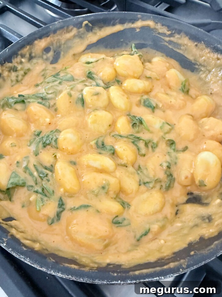 Finished gnocchi with butternut squash sauce in the skillet.