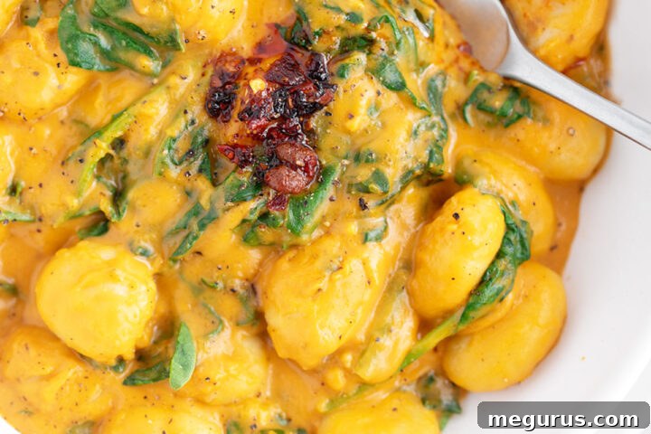 Gnocchi with butternut squash sauce in bowl.