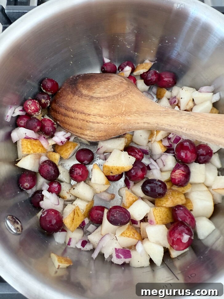 Pear and cranberry chutney ingredients in a saucepan before cooking.