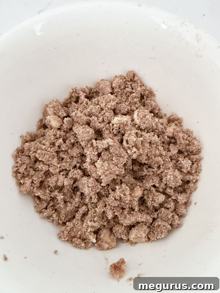 The crumb topping mixture, showing distinct crumbs of butter, sugar, and cinnamon, after being mixed in a bowl.