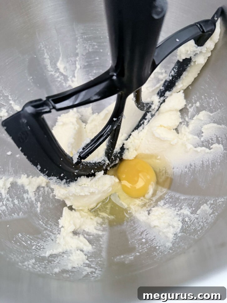 An egg is being cracked and added to the creamed butter and sugar mixture in a bowl, prior to mixing.