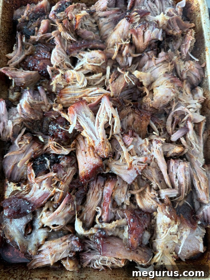 Tender pork roast after "pulling" into delicious, bite-sized shreds with two forks.