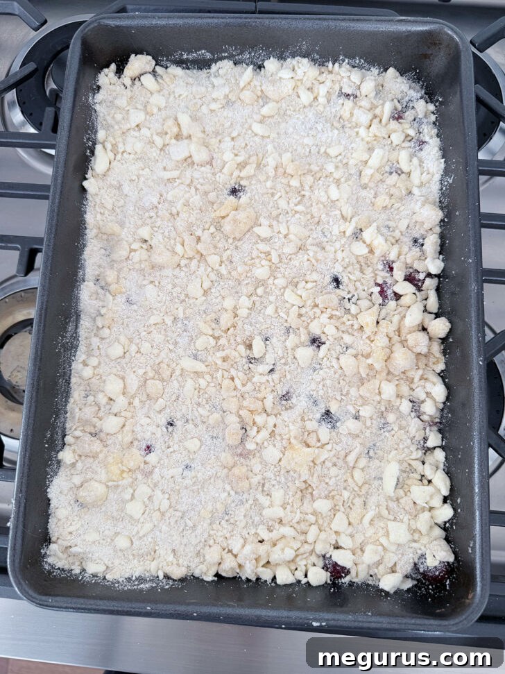 The crumb topping spread evenly across the cranberry filling, ready for baking.