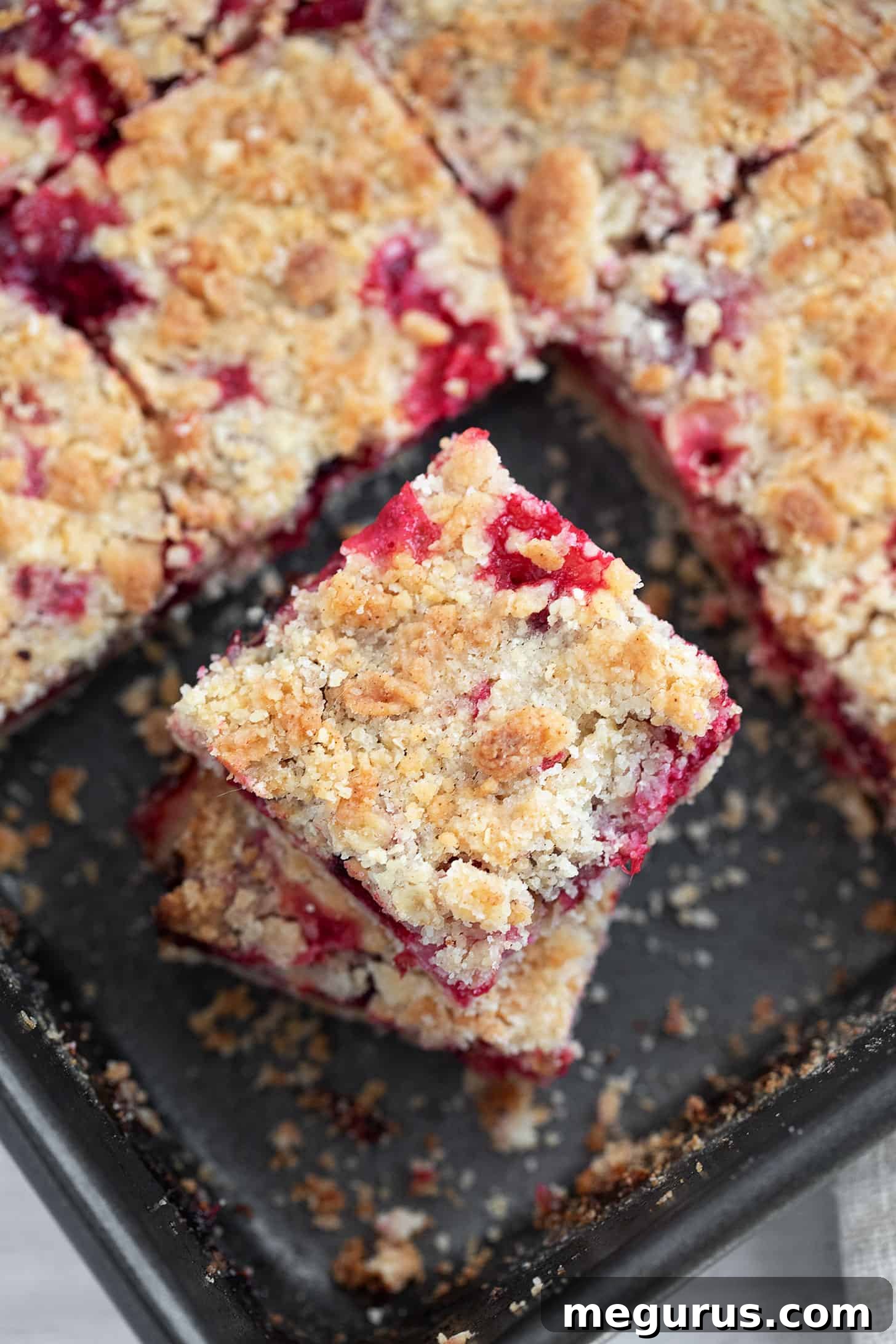 Golden-brown Cranberry Crumb Bars cooling in the baking pan after being baked.