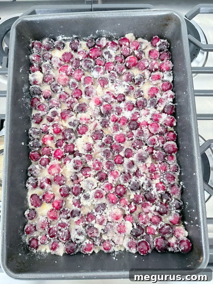 Cranberry filling spread evenly over the pressed crust in the baking pan.