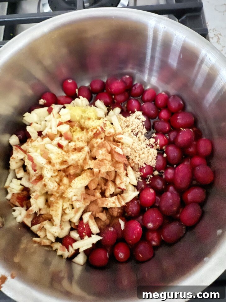 Cranberry apple glaze ingredients in a saucepan before cooking.