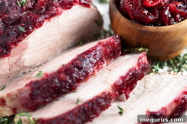 Boneless pork loin topped with a cranberry apple glaze.