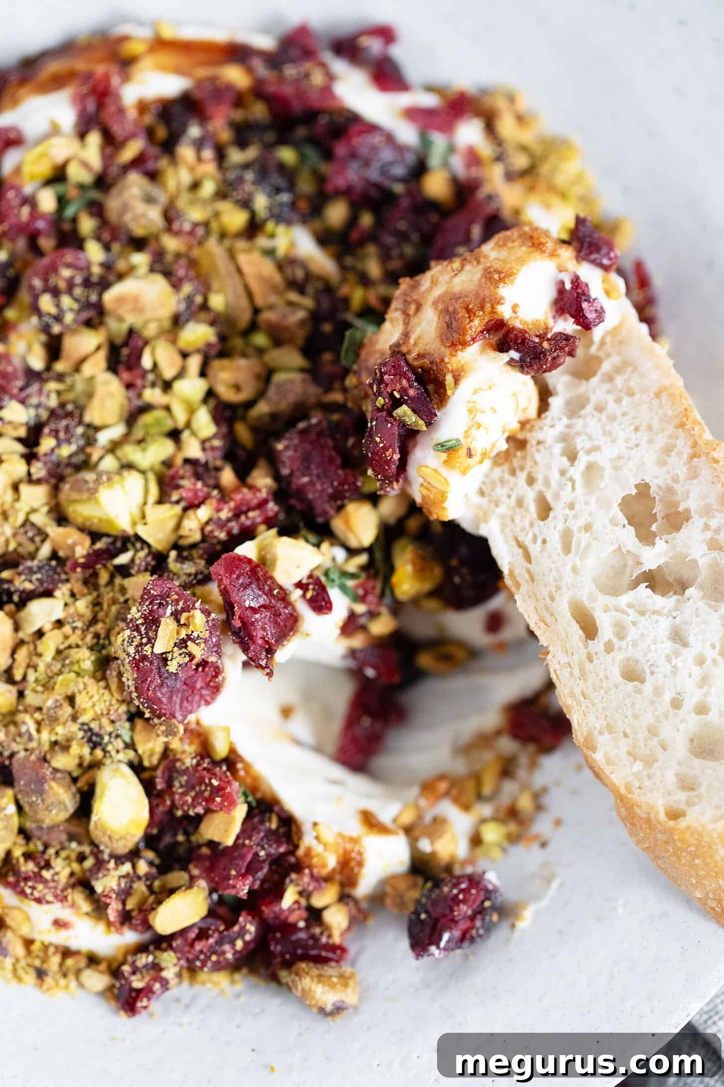 A festive holiday spread featuring Cranberry Balsamic Whipped Ricotta served with a variety of dippers like baguette slices, ready for guests.