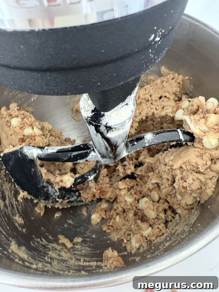 Fully mixed cookie dough, rich with inclusions, ready for portioning.