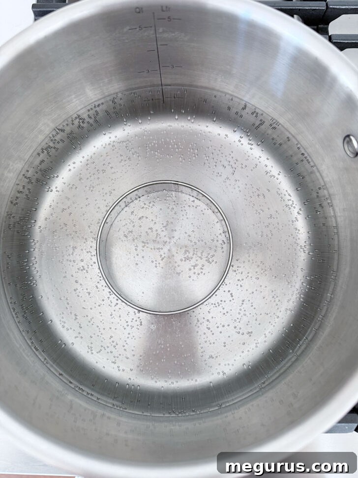 Pot of boiling water with a metal ring placed at the bottom to support the pudding bowl.