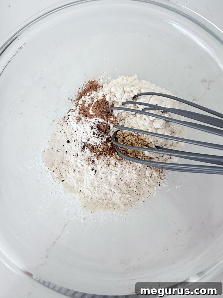Dry ingredients in a bowl with a whisk, including flour and spices.