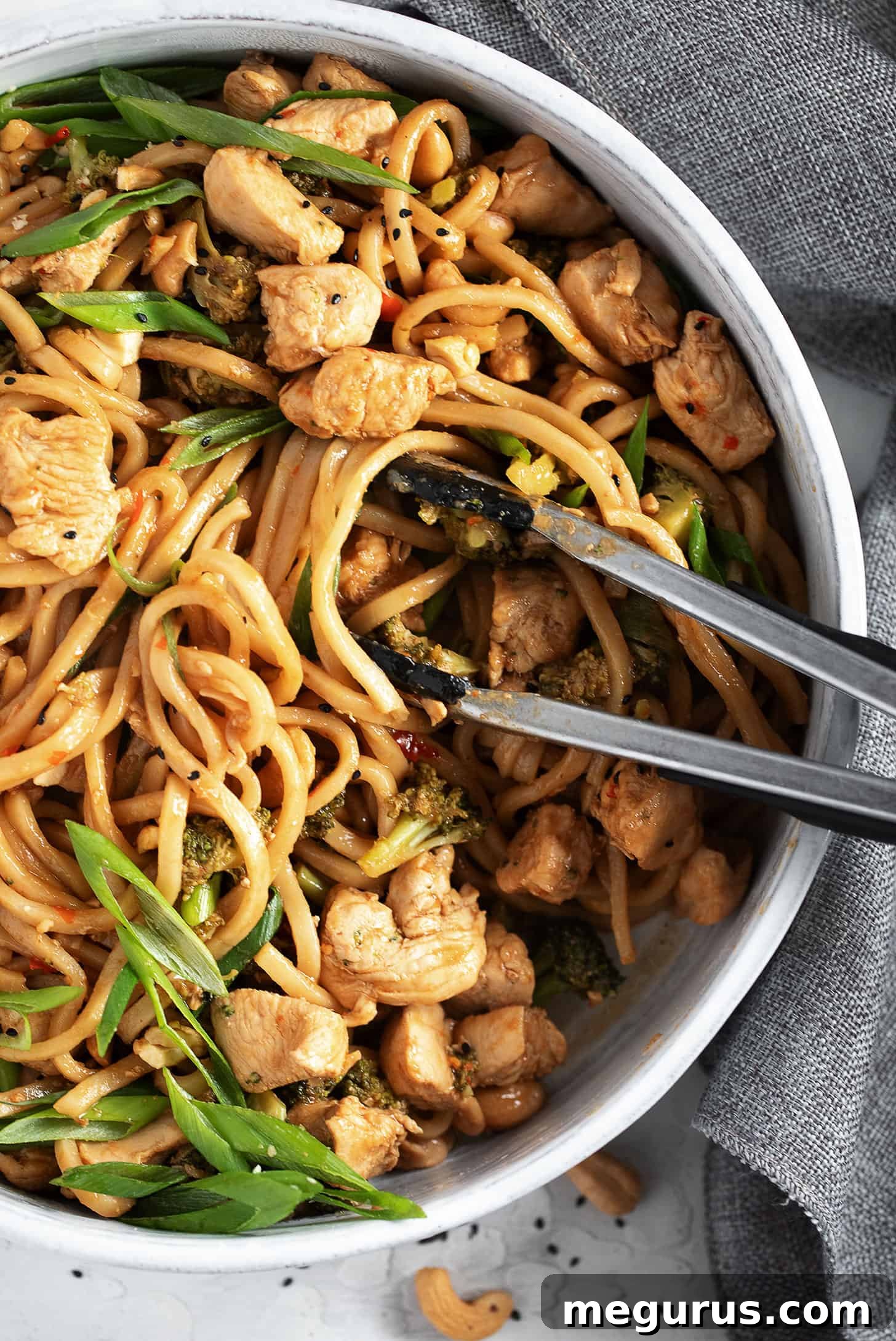 Chicken cashew noodles in a skillet, close-up shot.