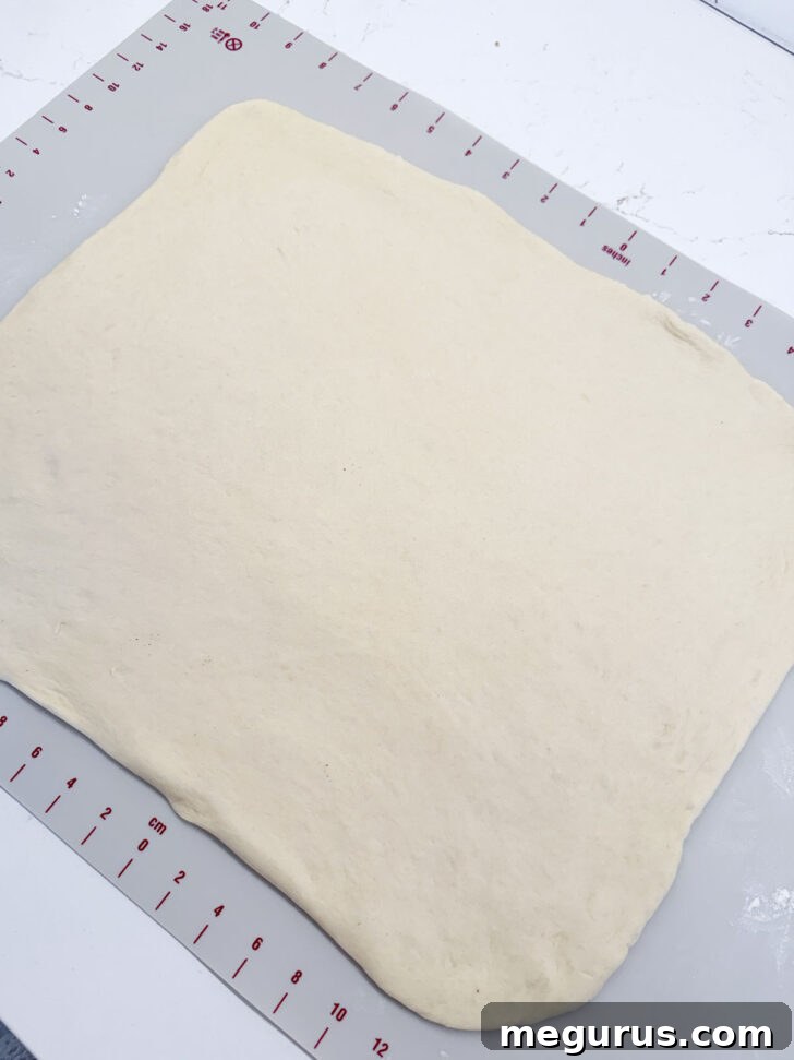 Dough rolled out into a neat, even rectangle on a floured surface.