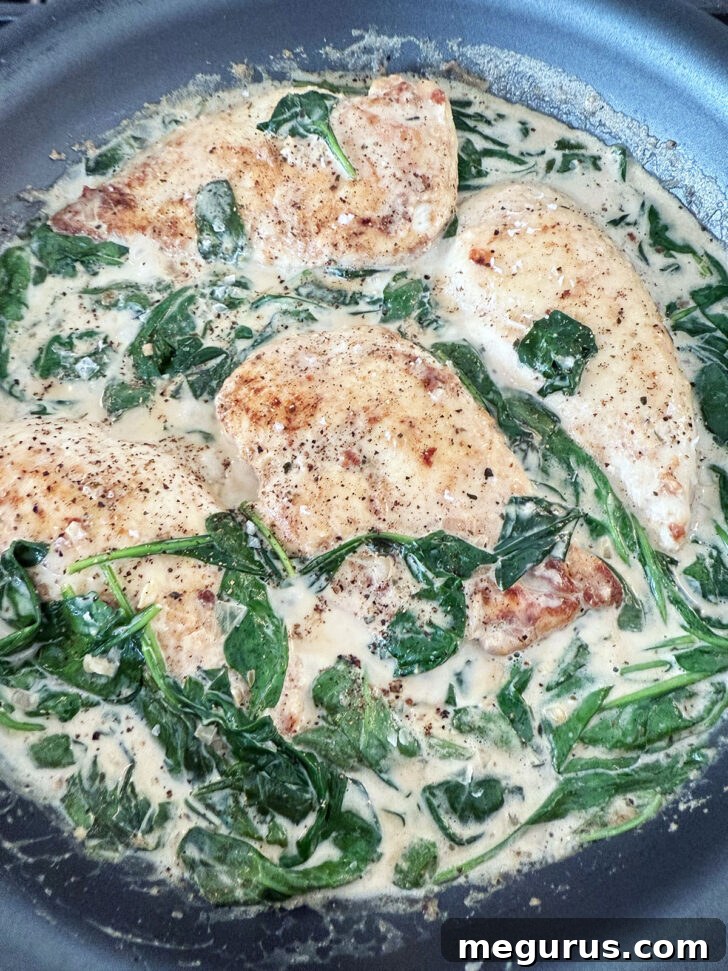 Seared chicken returned to the pan, simmering gently in the creamy spinach sauce until cooked through.