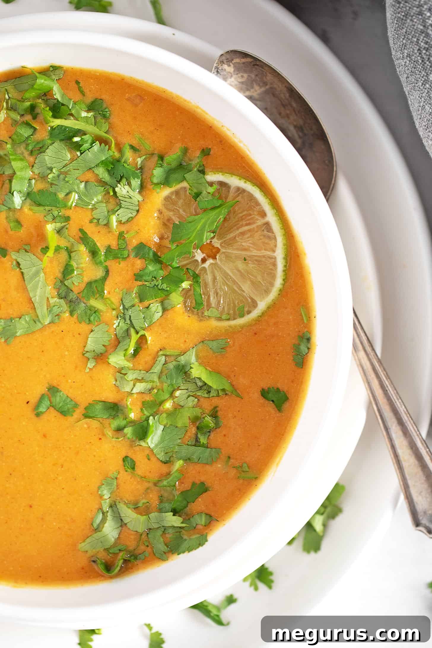 Close-up of a serving of sweet potato coconut curry soup, invitingly presented.