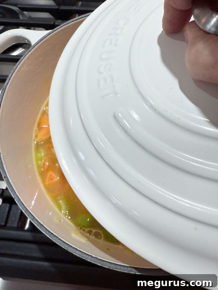 Covering the soup pot to cook the vegetables,