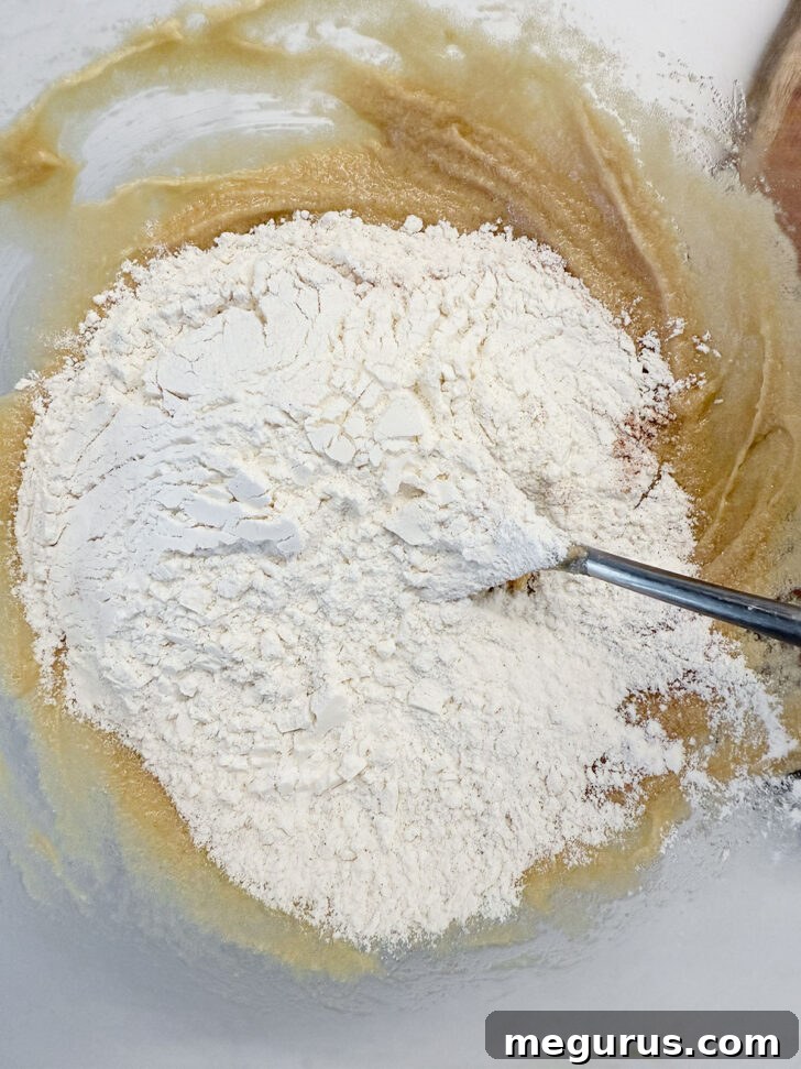 The combined dry ingredient mixture being added to the wet batter.