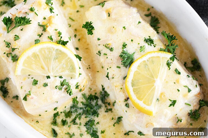 Creamy lemon baked halibut in the baking dish.