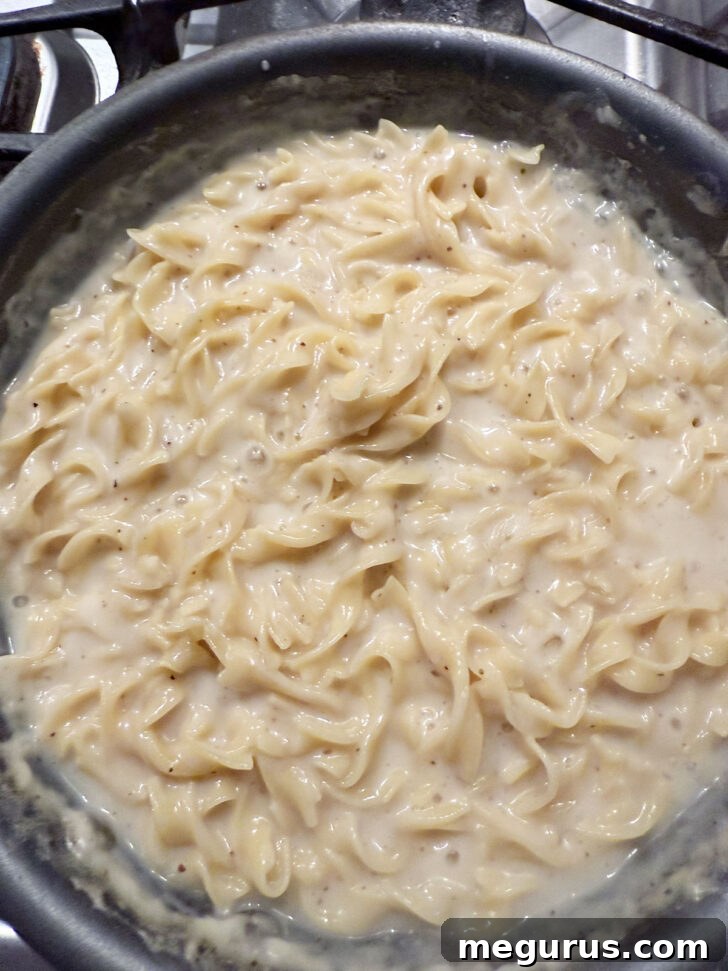 Cafeteria noodles cooked in the skillet.