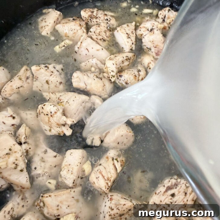 Adding the chicken broth to the skillet with cooked chicken and spices.