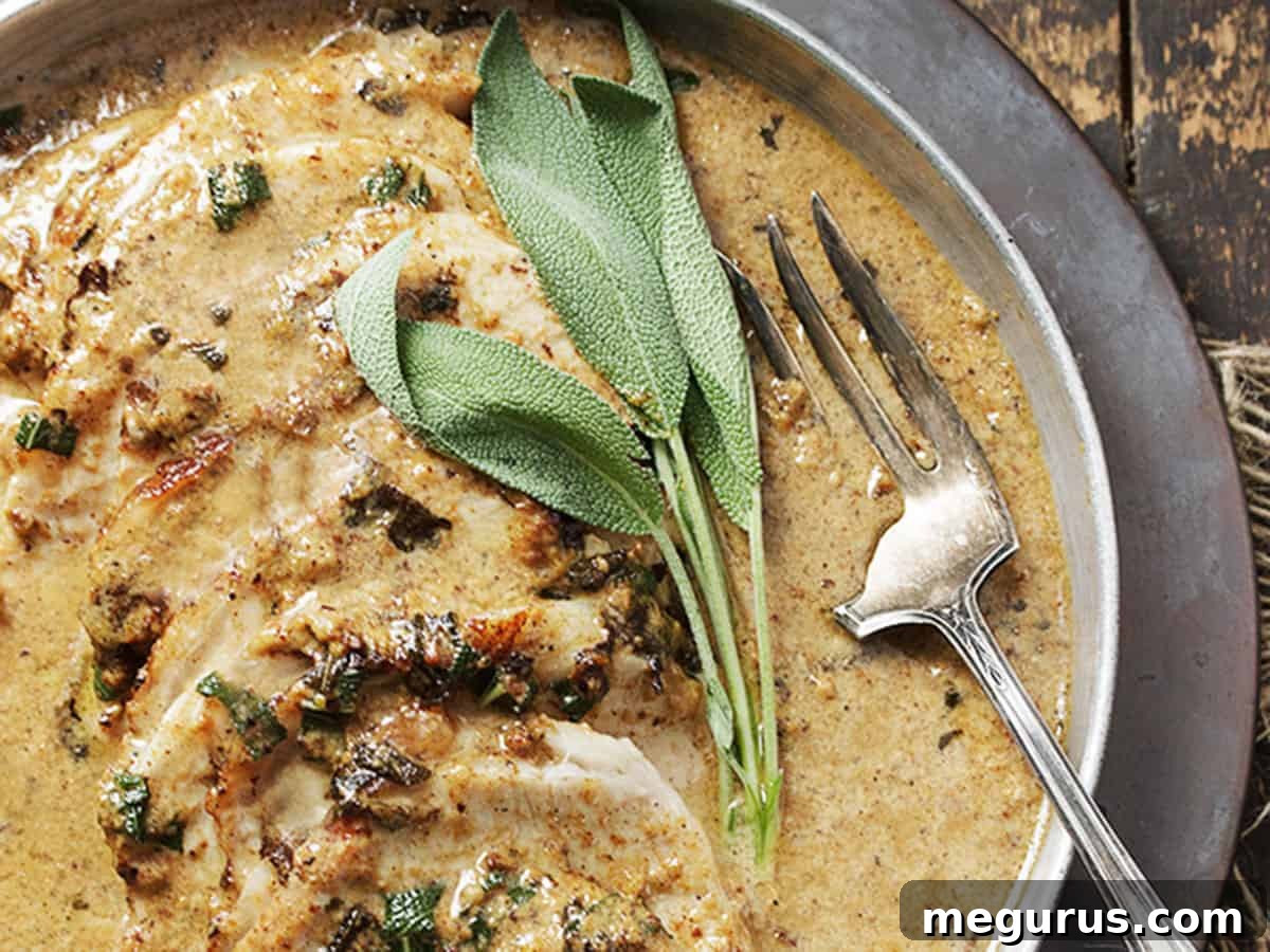 Perfectly sliced milk-braised pork loin in a Dutch oven, ready to serve with creamy gravy.