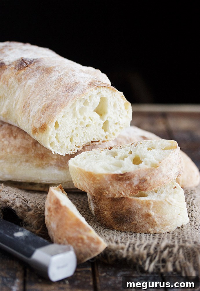 Closeup of homemade ciabatta bread with an open, airy texture