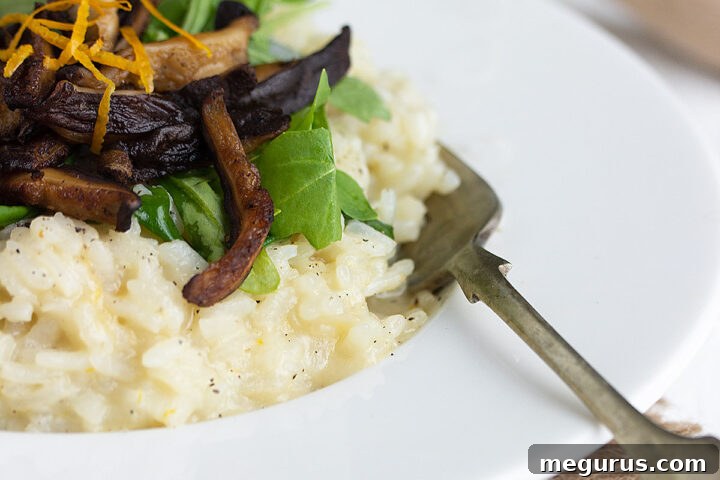 Lemon Risotto with Shiitake Mushrooms, topped with arugula and lemon zest