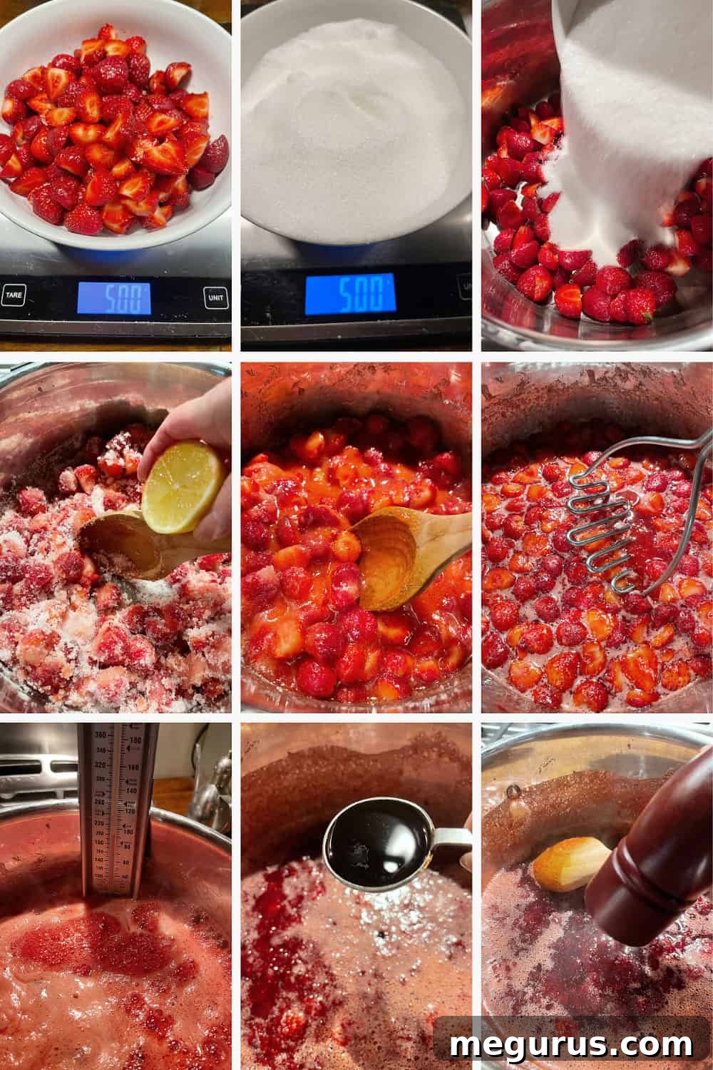 A sequential photo collage illustrating the various stages of making Strawberry Balsamic Jam, from combining ingredients to the mixture boiling and thickening.