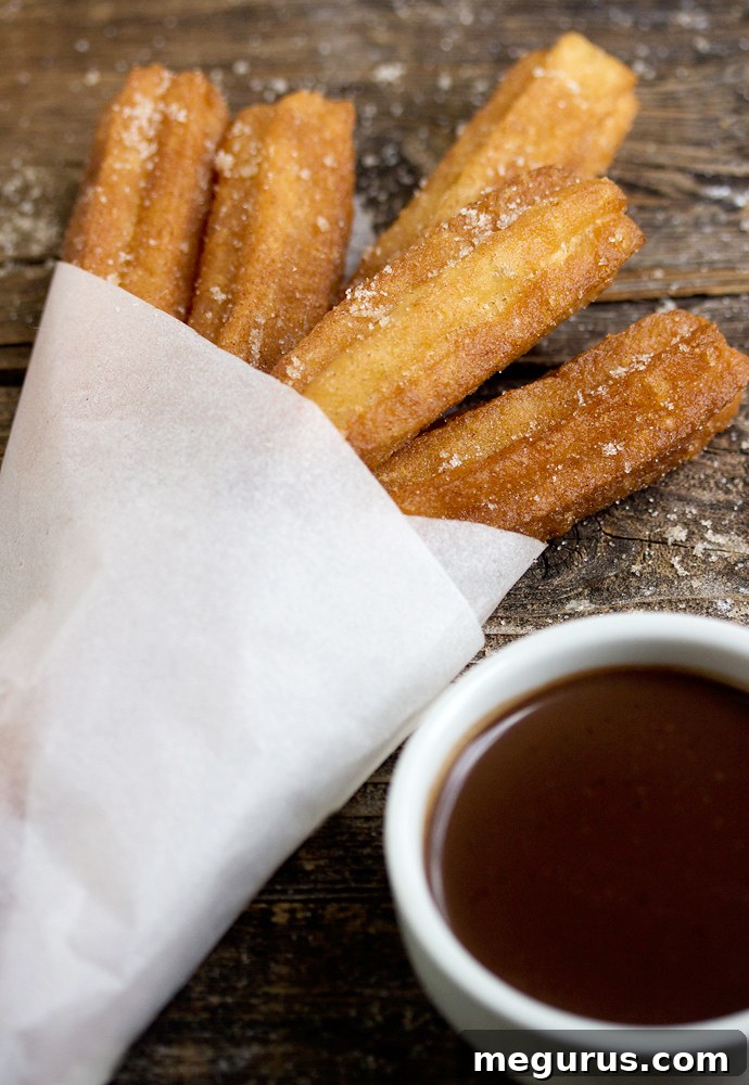 Homemade churros with chocolate sauce close-up