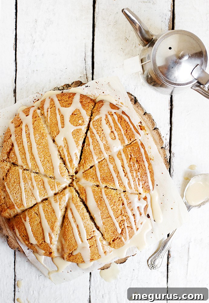 Close-up of baked French Toast Scones, with a golden-brown top and soft interior.
