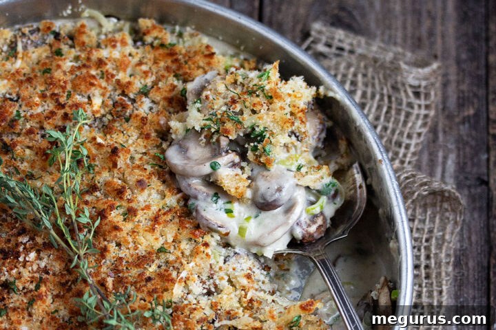 creamy mushroom and leek bake in baking dish with spoon