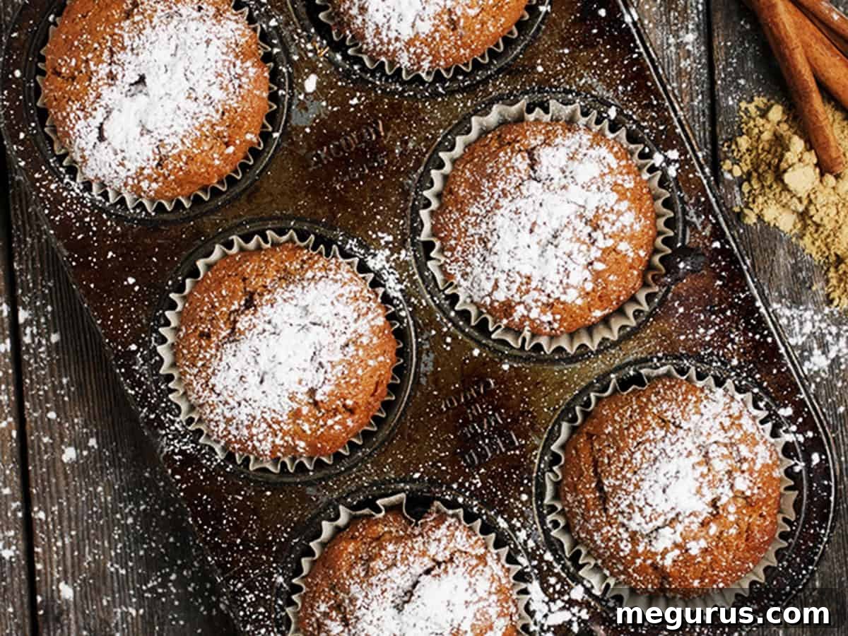 gingerbread muffins in muffin tin with powdered sugar on top, viewed from above