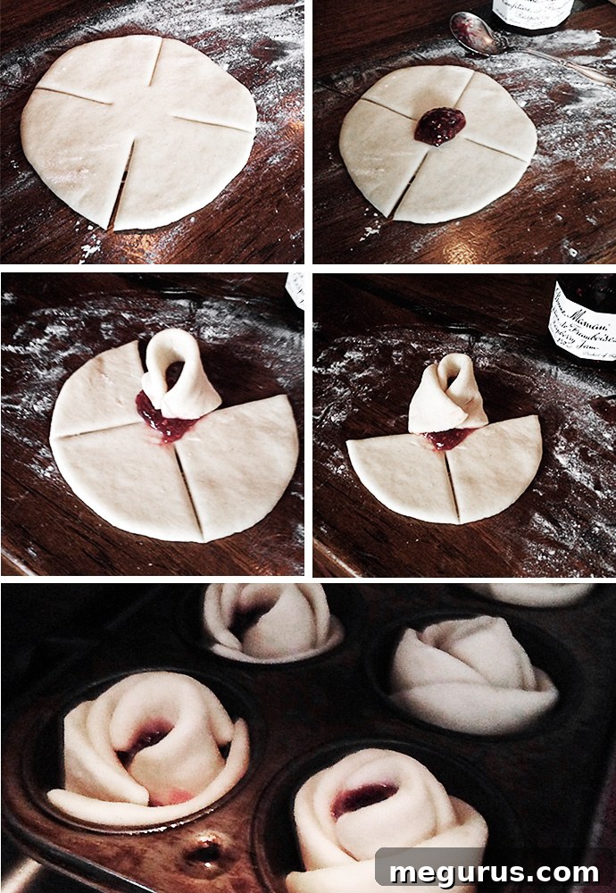 A photo collage showing the step-by-step process of how to shape rose jam buns, from cutting the dough to forming the petals around the jam filling.