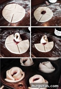 Detailed step-by-step image illustrating how to cut dough and form rose shapes for jam buns.