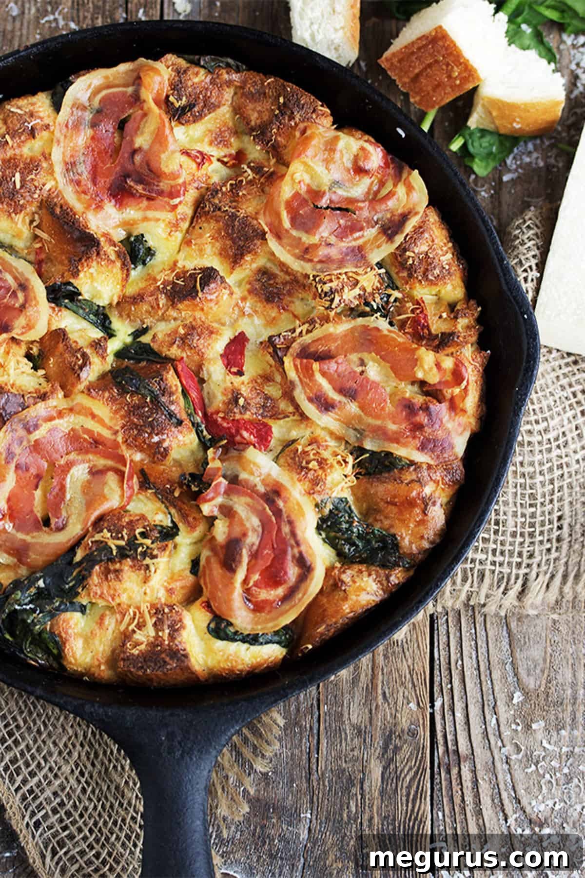 pancetta parmesan bread pudding in cast iron skillet