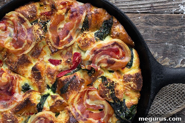 parmesan pancetta bread pudding in cast iron skillet