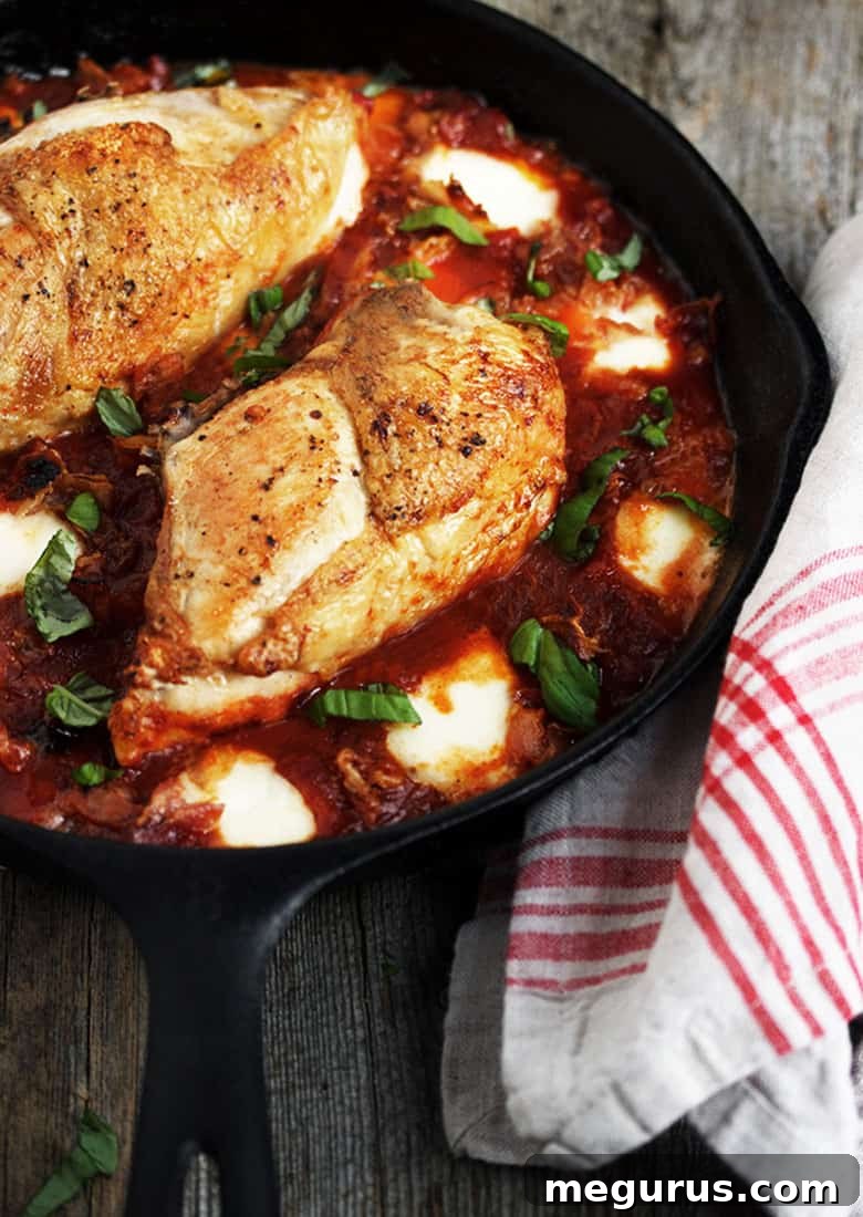 Close-up of chicken bocconcini in a skillet with sauce and basil garnish