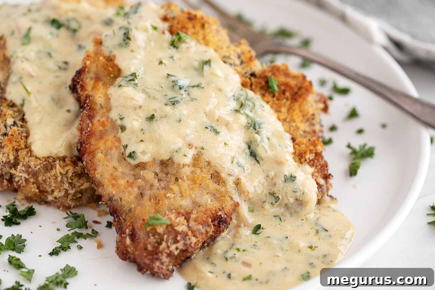 Crispy oven-baked panko breaded pork chops served on a plate with creamy mustard sauce and a side dish.