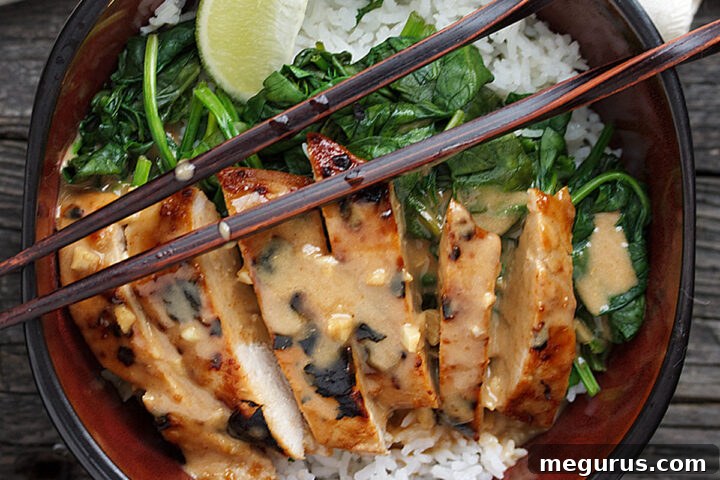 Thai Pork Rice Bowl with Peanut Sauce in a bowl with chopsticks.