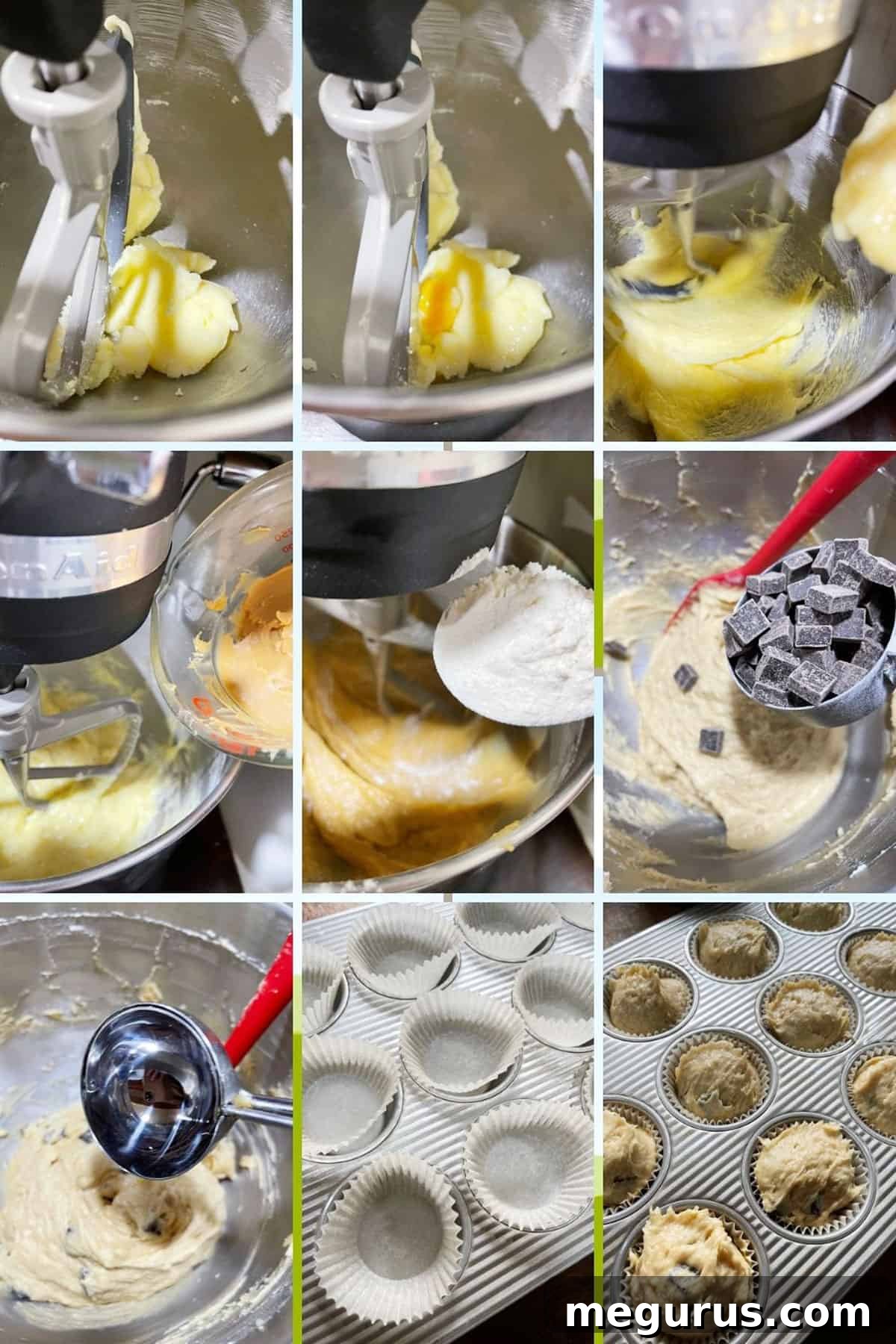 Photo collage showing a visual summary of the steps to bake Chunky Monkey Muffins, from mixing to folding in chocolate.