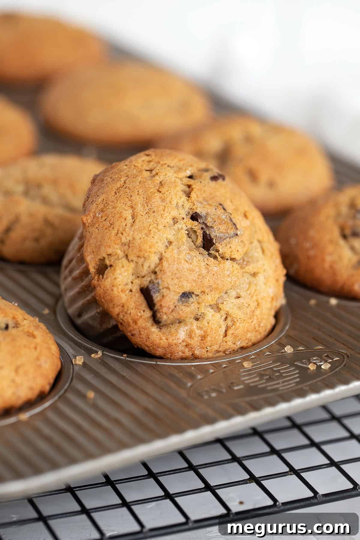 Close-up of baked Chunky Monkey Muffins cooling in the tin, highlighting the golden-brown tops and melted chocolate.