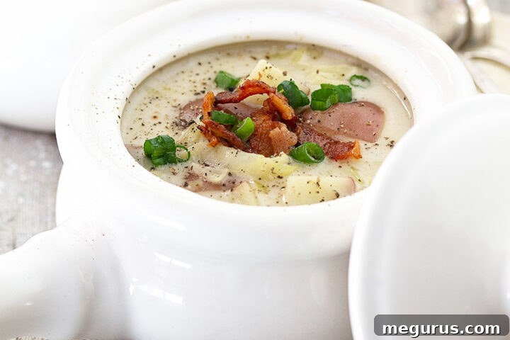 A beautifully presented bowl of Irish Colcannon Soup, garnished with crispy bacon and green onions.