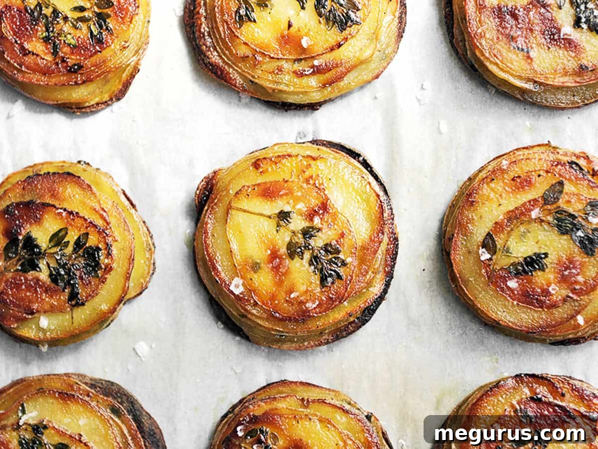 Beautifully stacked Mini Pommes Anna with fresh thyme on parchment paper, ready to serve.