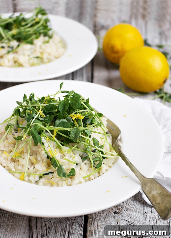 Overhead shot of creamy Lemon Risotto with Pea Shoots in a bowl, ready to be served.